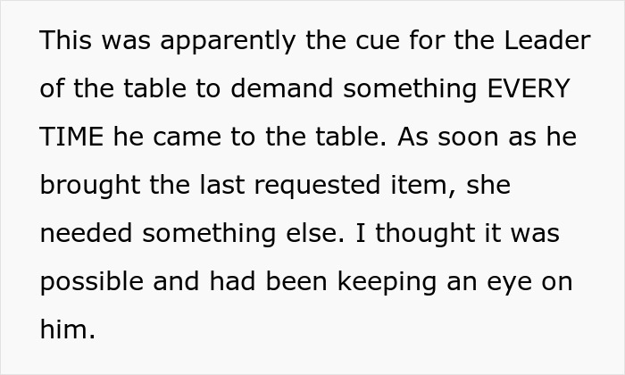 Text excerpt describing an entitled waitress repeatedly demanding more while dining out, leading to staff’s perfect dish of revenge.