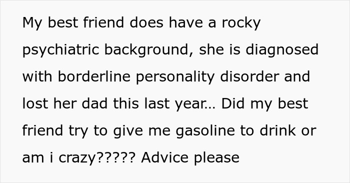 Screenshot of message about friend claiming a woman attempted to put gas in bestie's drink at a party