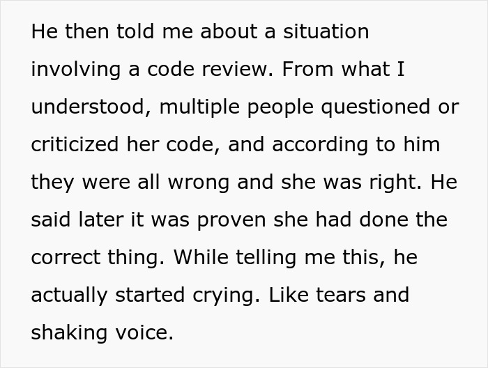 Alt text: Man in tears over misogyny during female colleague’s code review, jealous girlfriend finds situation uncomfortable Alt text: Man in tears over misogyny during female colleague’s code review, jealous girlfriend finds situation uncomfortable
