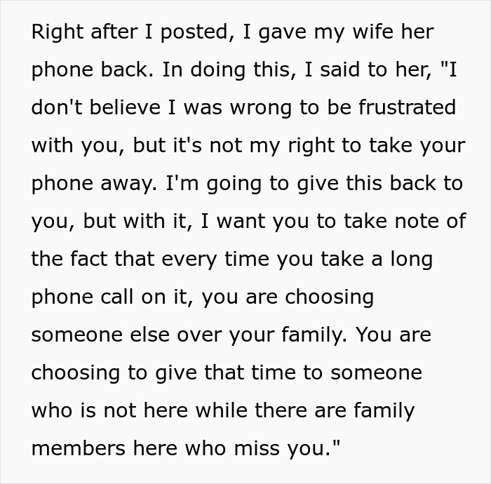 Text passage about a man giving his wife her phone back, highlighting phone dependence over family time. Text passage about a man giving his wife her phone back, highlighting phone dependence over family time.