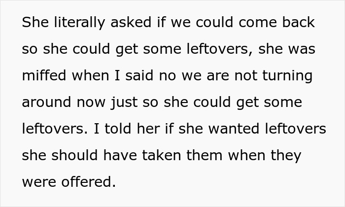 Entitled Thanksgiving guest demands leftovers the next day after leaving without saying goodbye at the holiday gathering.