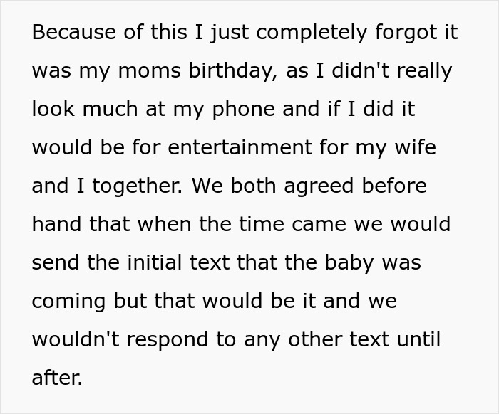 Text excerpt describing a son forgetting his mom's birthday and agreeing with his wife on notifying about labor, highlighting mom and son conflict. Text excerpt describing a son forgetting his mom's birthday and agreeing with his wife on notifying about labor, highlighting mom and son conflict.