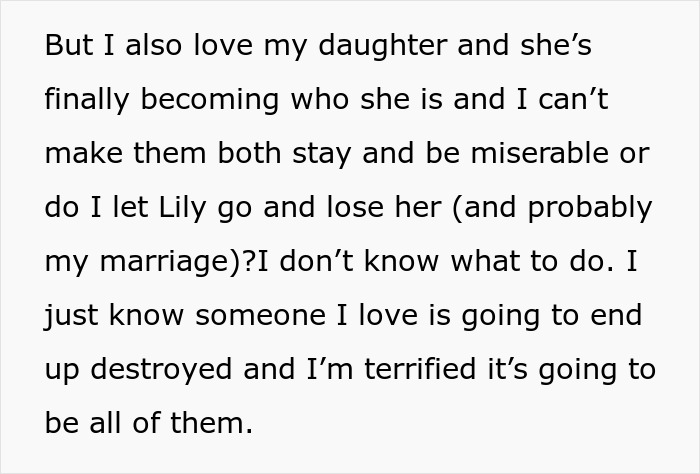 Text expressing fear over loss in marriage and family after a child's coming out amid transphobic reactions.