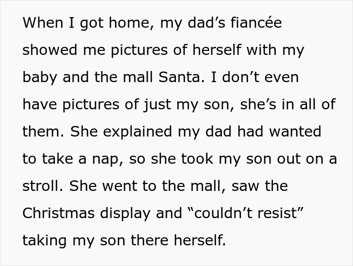 Step-grandma sneaks baby to Santa at mall Christmas display while babysitting, leading to lost babysitting privileges forever. Step-grandma sneaks baby to Santa at mall Christmas display while babysitting, leading to lost babysitting privileges forever.