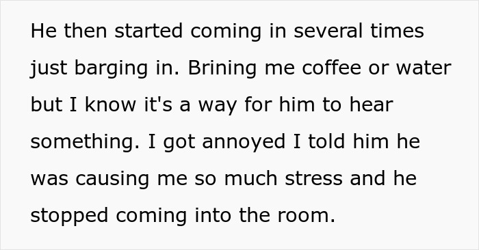 Text describing a wife annoyed and stressed because her husband keeps barging in on her private therapy sessions. Text describing a wife annoyed and stressed because her husband keeps barging in on her private therapy sessions.