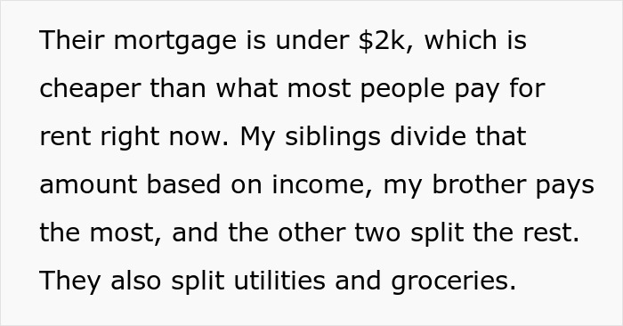 Text about siblings dividing mortgage and expenses, highlighting lady’s refusal to help cruel parents who abandoned her. Text about siblings dividing mortgage and expenses, highlighting lady’s refusal to help cruel parents who abandoned her.