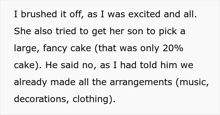 Text excerpt about wedding arrangements, decorations, and clothing decisions, highlighting bride and mother-in-law conflict. Text excerpt about wedding arrangements, decorations, and clothing decisions, highlighting bride and mother-in-law conflict.
