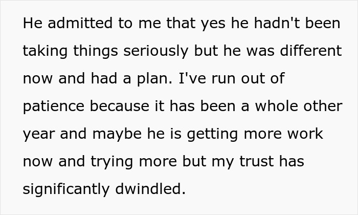 Text about an unemployed husband trying to pay bills while losing trust due to lack of progress.