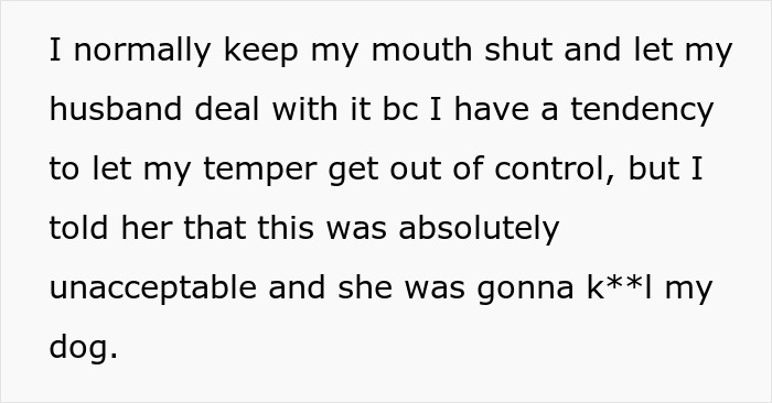 Text excerpt showing a person describing how their MIL poisons the family dog and causes conflict leading to being kicked out.
