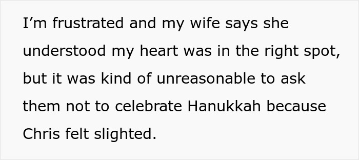 Text expressing frustration over skipping Hanukkah gifts due to son's tantrum and spoiled behavior concerns.