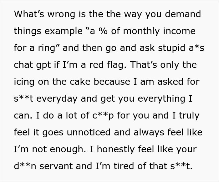 Text message expressing frustration about demands to earn an engagement ring and feeling unappreciated in a relationship.