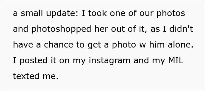 Text excerpt from a story about a MIL wearing white to her son’s wedding and being excluded from photos by the bride. Text excerpt from a story about a MIL wearing white to her son’s wedding and being excluded from photos by the bride.