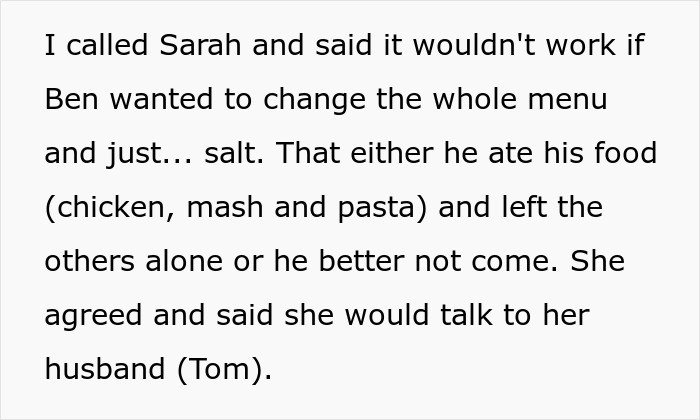Text excerpt from picky eater demanding brother’s in-laws change entire Christmas menu as part of a family discussion. Text excerpt from picky eater demanding brother’s in-laws change entire Christmas menu as part of a family discussion.