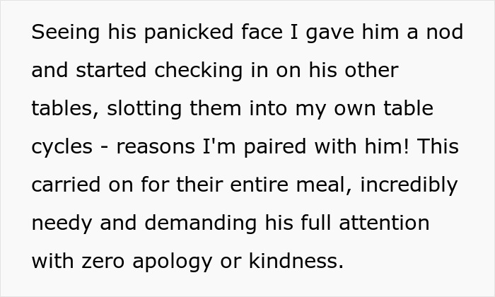 Alt text: Entitled waitress dining out ignores manners while restaurant staff serve a perfect dish of revenge for rudeness.