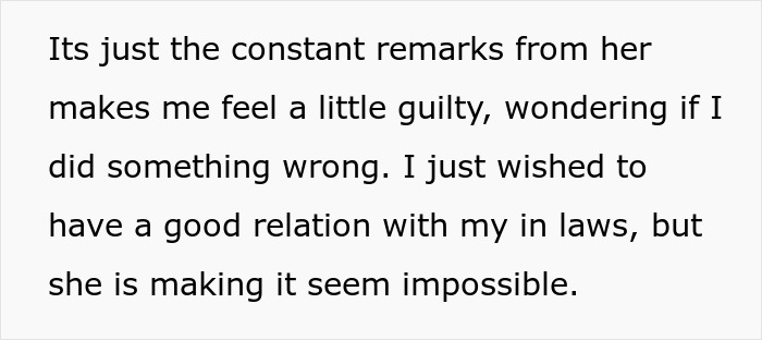 Text showing someone feeling guilty about constant remarks from future in-laws, struggling with prenup tensions. Text showing someone feeling guilty about constant remarks from future in-laws, struggling with prenup tensions.