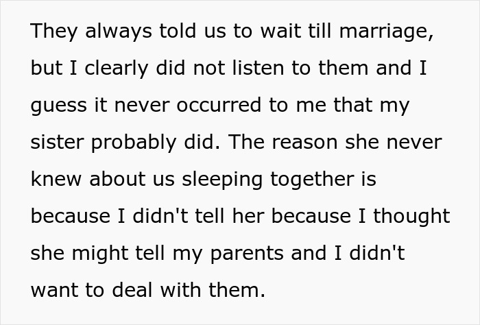 Man lies about saving himself for marriage to please fiancée, forgetting her sister is his ex, revealing secret past. Man lies about saving himself for marriage to please fiancée, forgetting her sister is his ex, revealing secret past.