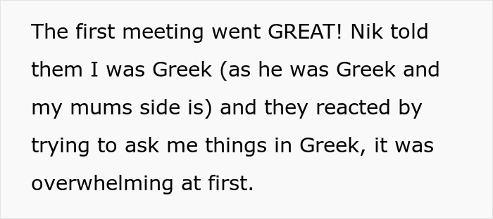Text excerpt about a first meeting with a mother-in-law involving cultural connection and emotional overwhelm.
