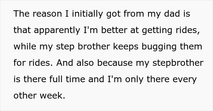 Text explaining teen feeling upset about dad gifting stepbro a car, viewing it as favoritism while they only get a gift card. Text explaining teen feeling upset about dad gifting stepbro a car, viewing it as favoritism while they only get a gift card.