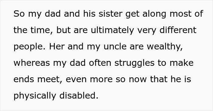Text describing family tension with a rich aunt sneaking a cheap gift and a dad&rsquo;s petty Christmas revenge.