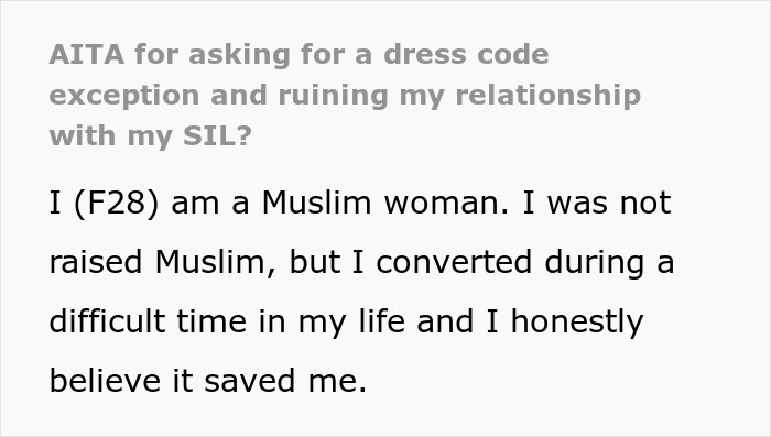 Text excerpt from a Muslim woman explaining her choice not to wear a bikini causing family conflict at a bridal party. Text excerpt from a Muslim woman explaining her choice not to wear a bikini causing family conflict at a bridal party.