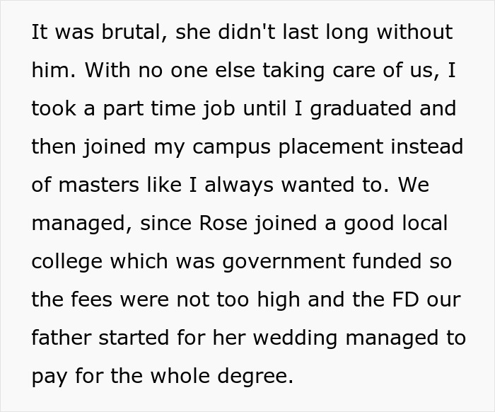 Text excerpt describing a financially unstable woman navigating work and education to manage her situation before marriage.