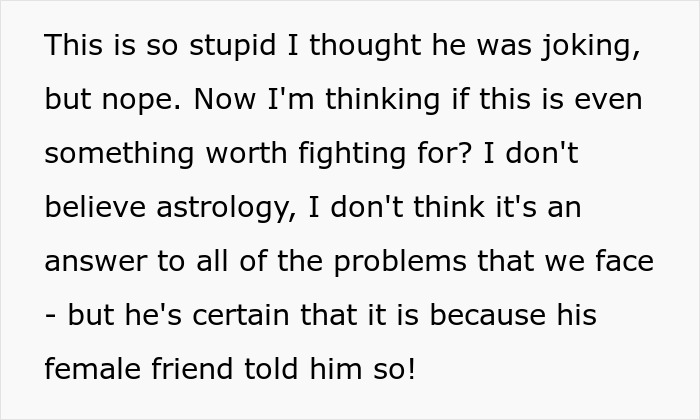Text message expressing doubt about astrology while mentioning a cheating boyfriend and an astrology-obsessed friend.
