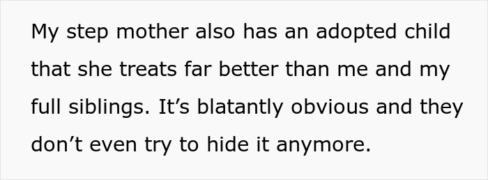 Text excerpt showing a stepmother favoring her adopted child over biological siblings, highlighting family exclusion issues. Text excerpt showing a stepmother favoring her adopted child over biological siblings, highlighting family exclusion issues.