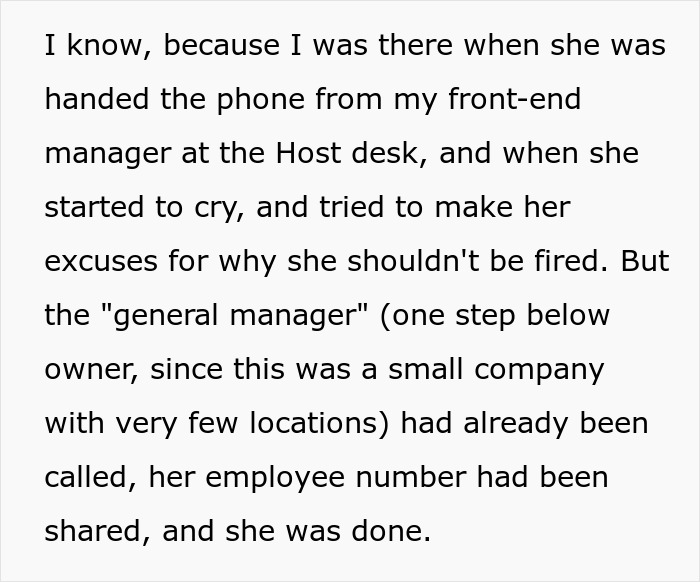 Text excerpt describing a waitress losing her job after being confronted by management in a small restaurant.