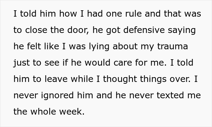 Text excerpt from a woman explaining her rule to close the closet door causing tension in the relationship. Text excerpt from a woman explaining her rule to close the closet door causing tension in the relationship.