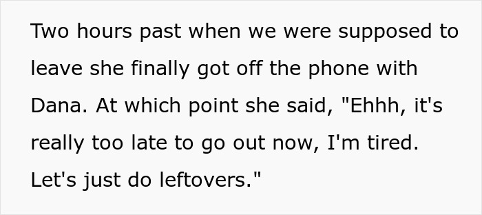 Text excerpt showing a woman prioritizing phone use over family plans, highlighting phone dependence issues. Text excerpt showing a woman prioritizing phone use over family plans, highlighting phone dependence issues.