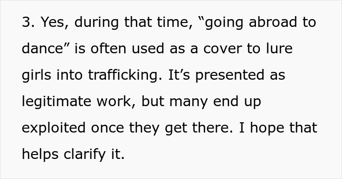 Text explaining how going abroad to dance is often a cover to lure girls into trafficking and exploitation. Text explaining how going abroad to dance is often a cover to lure girls into trafficking and exploitation.