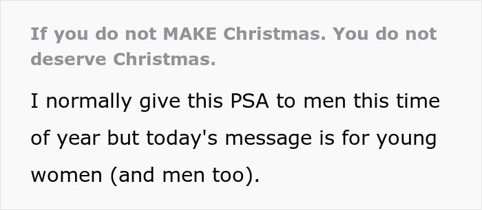 Text post emphasizing that those who do not contribute to Christmas labor do not deserve it, addressing feminism and moms. Text post emphasizing that those who do not contribute to Christmas labor do not deserve it, addressing feminism and moms.