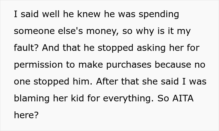 Text on a white background sharing a story about entitlement and spending using someone else's credit card.