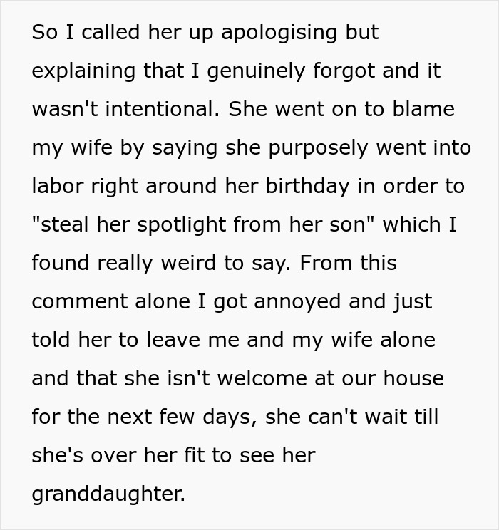 Son apologizing to mom after forgetting birthday, mom accuses daughter-in-law of purposely going into labor. Son apologizing to mom after forgetting birthday, mom accuses daughter-in-law of purposely going into labor.