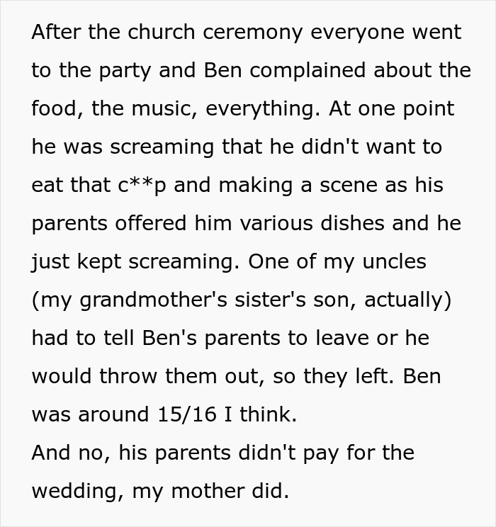 Text excerpt describing a picky eater demanding changes at a family event and causing a scene during a wedding party. Text excerpt describing a picky eater demanding changes at a family event and causing a scene during a wedding party.
