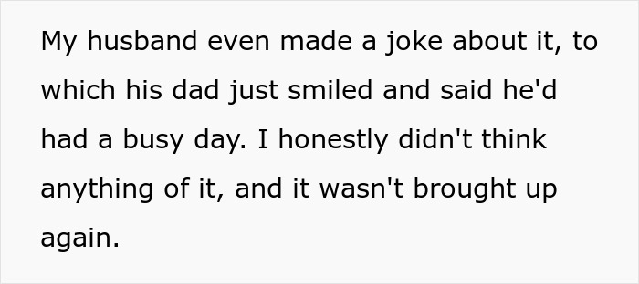 Text excerpt showing a woman describing her husband's father's unexpected love confession and feeling lost after being asked not to tell. Text excerpt showing a woman describing her husband's father's unexpected love confession and feeling lost after being asked not to tell.