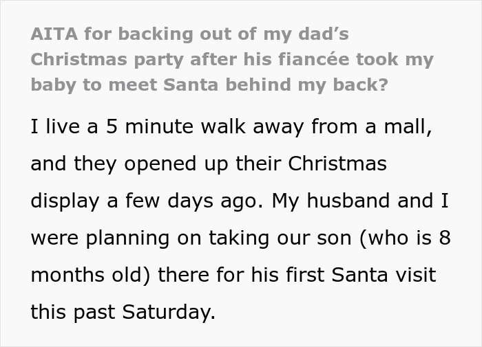 Step-grandma sneaks baby to Santa during Christmas visit, resulting in loss of babysitting privileges due to secret visit. Step-grandma sneaks baby to Santa during Christmas visit, resulting in loss of babysitting privileges due to secret visit.