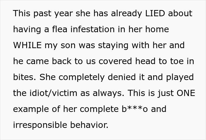 Text describing MIL poisoning family dog, verbally attacking woman, and toxic behavior causing family conflict and eviction.