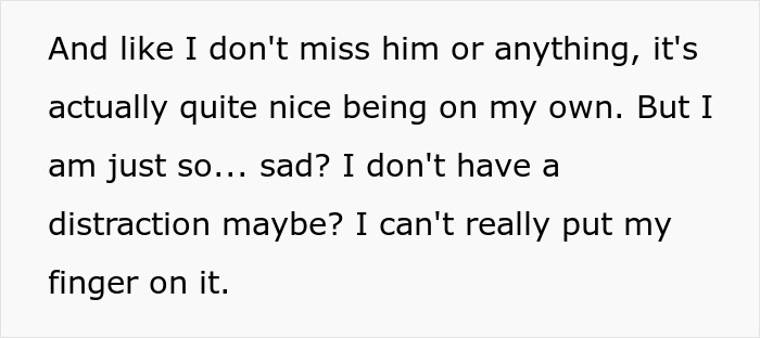 Text excerpt showing a woman feeling sad and reflecting on being on her own after finding secret texts from fiancé. Text excerpt showing a woman feeling sad and reflecting on being on her own after finding secret texts from fiancé.