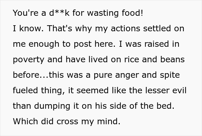 Text post discussing anger and spite over wasting food, highlighting poverty and relationship conflict about chili seasoning.