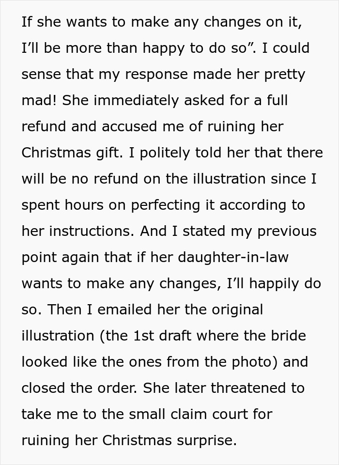 Email correspondence showing dispute over a wedding illustration where MIL’s plan to make bride look ugly backfires.