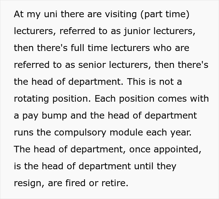 Text about university lecturers explaining roles and job security related to promotions and department heads. Text about university lecturers explaining roles and job security related to promotions and department heads.