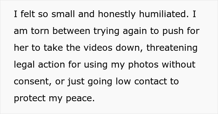 Woman angry her sister built TikTok fame by lying, feeling humiliated and considering legal action over photo use. Woman angry her sister built TikTok fame by lying, feeling humiliated and considering legal action over photo use.