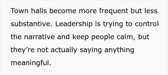Text describing subtle red flags indicating job insecurity, focusing on frequent but uninformative town halls and leadership control.