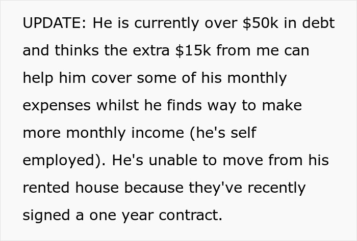 Text excerpt about brother over $50k debt and $15k loan request, highlighting brother money wife family issues. Text excerpt about brother over $50k debt and $15k loan request, highlighting brother money wife family issues.
