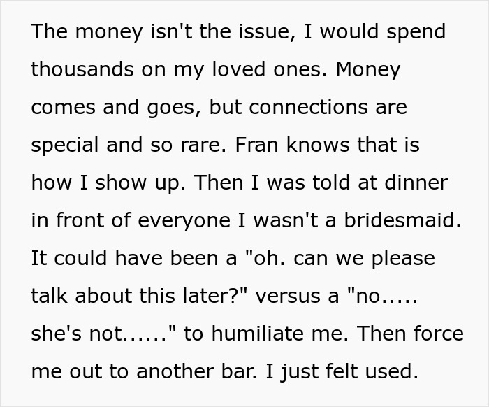 Text about painful friendship experience during a wedding dress shopping trip causing emotional distress.