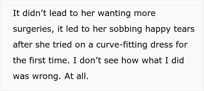 Text excerpt discussing emotional impact of aunt paying niece’s tummy tuck surgery and related drama.