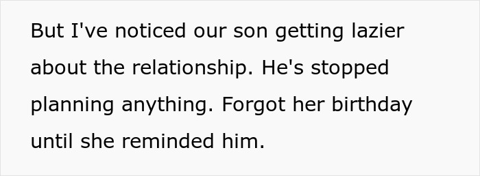 Text excerpt showing a wife commenting on their son becoming lazy in his dating relationship and forgetting important dates. Text excerpt showing a wife commenting on their son becoming lazy in his dating relationship and forgetting important dates.