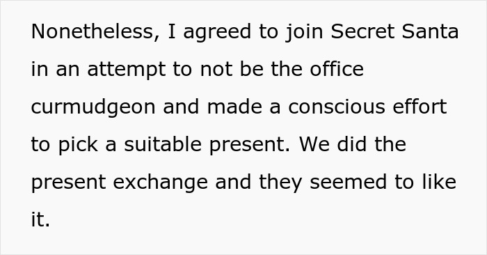 Close-up of text about joining Secret Santa, referencing a racist gift that horrified the girlfriend Close-up of text about joining Secret Santa, referencing a racist gift that horrified the girlfriend