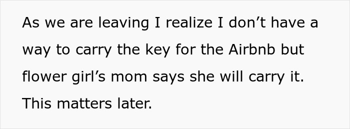 Text excerpt about an uninvited guest at a wedding night referencing Airbnb key and flower girl's mom involvement.
